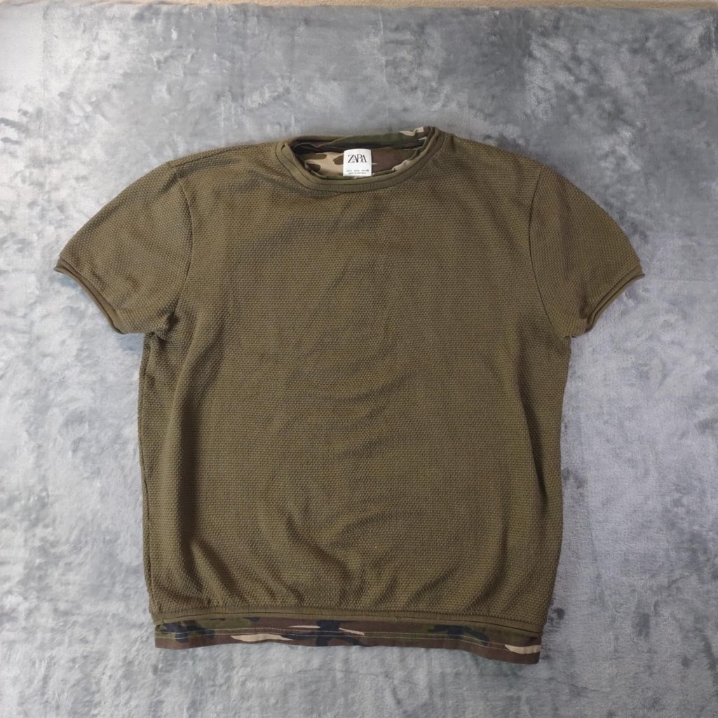 Zara Women's L Camo Green Cotton Blend Textured Gorpcore Tactical Casual T-Shirt